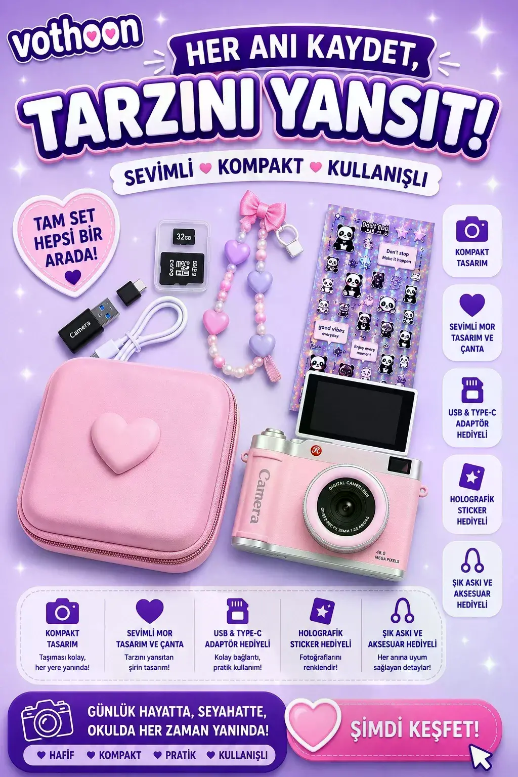 4k Çantalı Dijital Retro Video Kamera 48mp 16x Zoom Işıklı (32gb) Kart Dijital Fotoğraf Makinesi Pembe