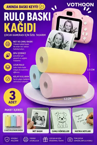 Çocuk Fotoğraf Makinesi Yedek Termal Baskı Kağıdı Renkli (3 Lü Rulo) – 57x25mm