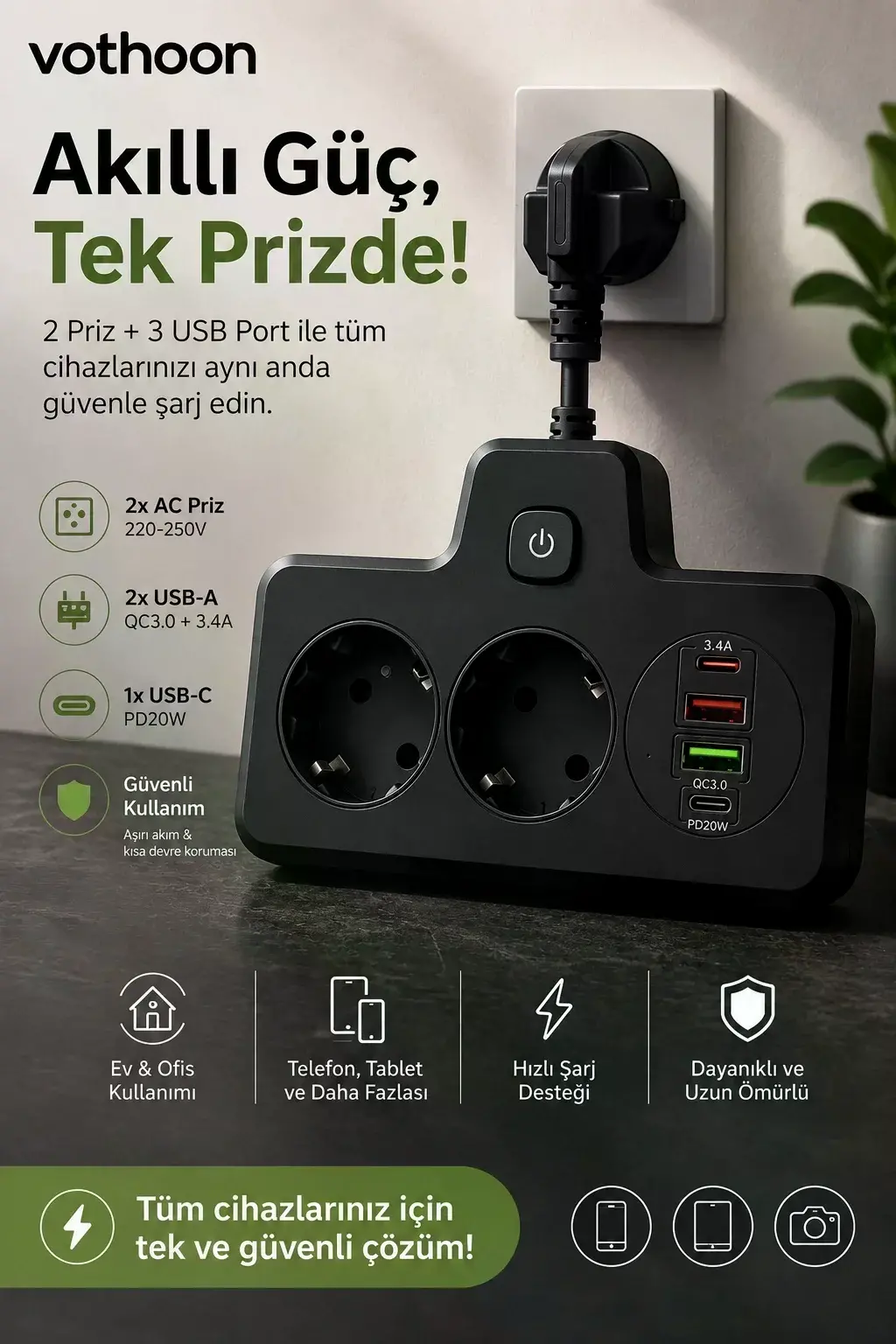 Bkl-502 Akım Korumalı 2Li Priz 2 USB ve 2 Type-C Çıkış 4000W Hızlı Şarj Duvar Tipi Dokunmatik Led Aydınlatmalı