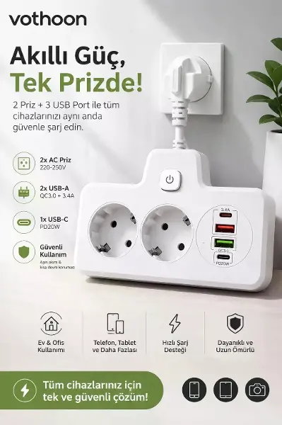 Bkl-502 Akım Korumalı 2Li Priz 2 USB ve 2 Type-C Çıkış 4000W Hızlı Şarj Duvar Tipi Dokunmatik Led Aydınlatmalı
