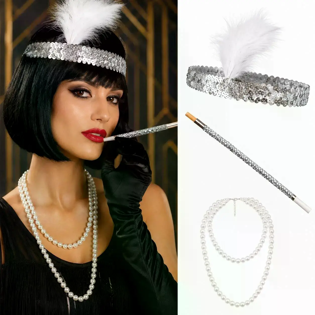 192039ler Gatsby Gümüş Parti Seti - Çarliston Saç Bandı, İnci Kolye Ve  Tutacağı