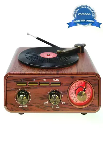 Nostaljik Tasarım Plak Çalar Görünümlü Radyolu Bluetooth Hoparlör Retro Müzik Plak
