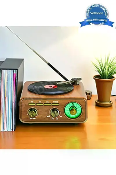 Nostaljik Tasarım Plak Çalar Görünümlü Radyolu Bluetooth Hoparlör Retro Müzik Plak Açık Kahverengi