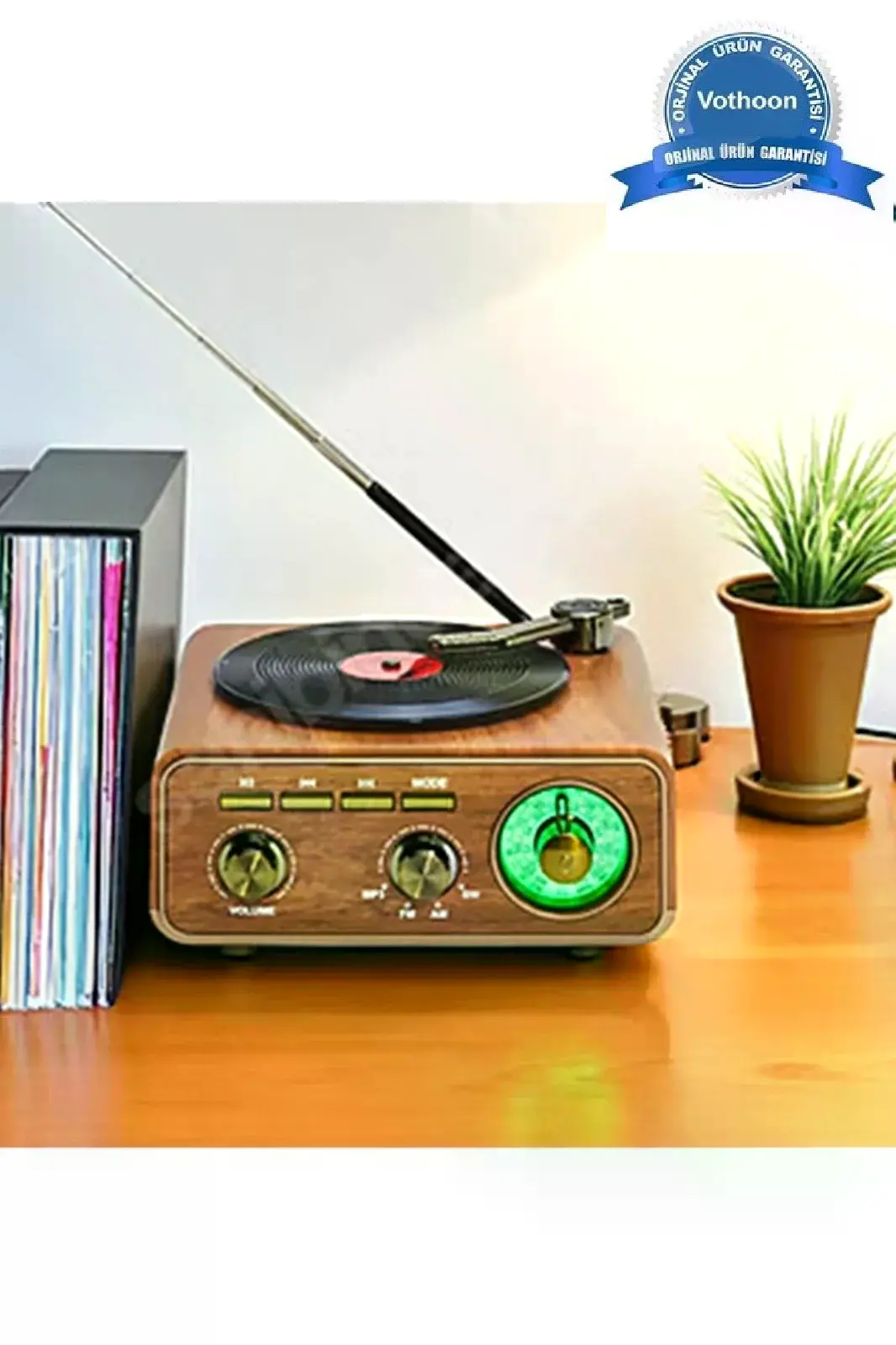 Nostaljik Tasarım Plak Çalar Görünümlü Radyolu Bluetooth Hoparlör Retro Müzik Plak Açık Kahverengi