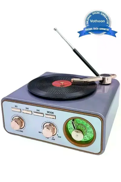 Metalik Nostaljik Tasarım Plak Çalar Görünümlü Radyolu Bluetooth Hoparlör Retro Müzik Plak
