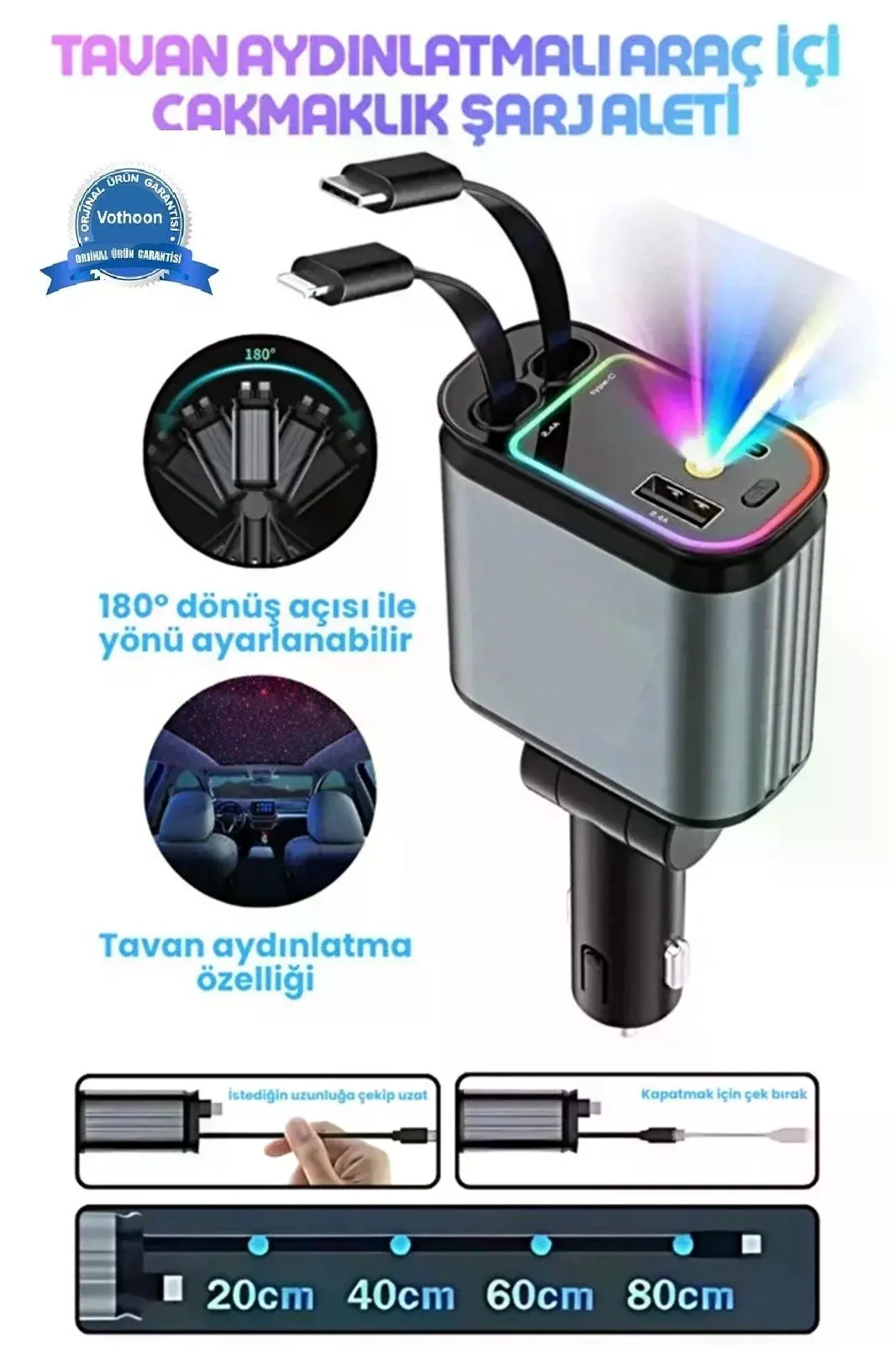 Led Işık Tavan Aydınlatmalı 66w 4’1 Çift Kablolu Hızlı Şarj 3.4a Araç İçi Çakmaklık Şarj Aleti