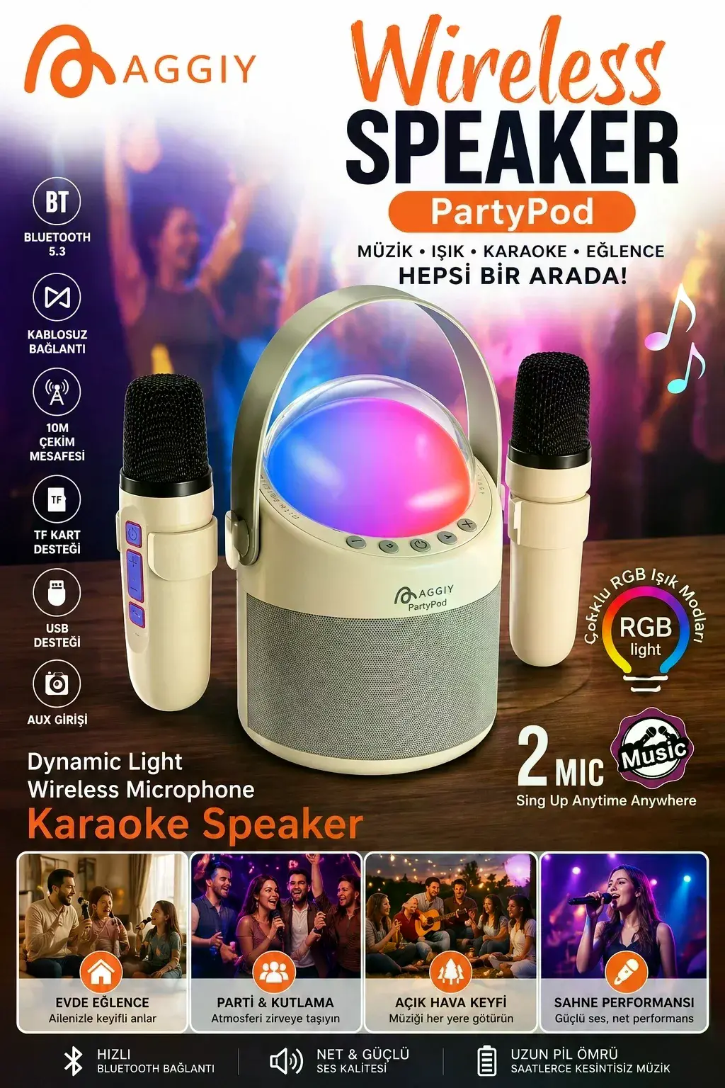 Partypod Bluetooth 5.3 Destekli Çok Fonksiyonlu Kablosuz Mikrofon Ve Hoparlör