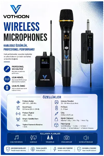 Wireless Mikrofon Sistemi UHF Kablosuz El Mikrofonu Profesyonel Ses Performansı 50 mt menzil