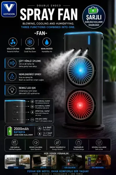 Çift Başlıklı Sprey Fan Nemlendirici Ve Renkli Led Işıklı Siyah