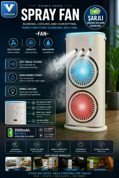Çift Başlıklı Sprey Fan Nemlendirici Ve Renkli Led Işıklı Beyaz