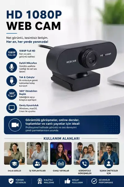 Webcam Orjınal Hd 1080p Konferans Kamera Dahili Mikrofon Görüntülü Sohbet Yayın Kamerası Hd Video