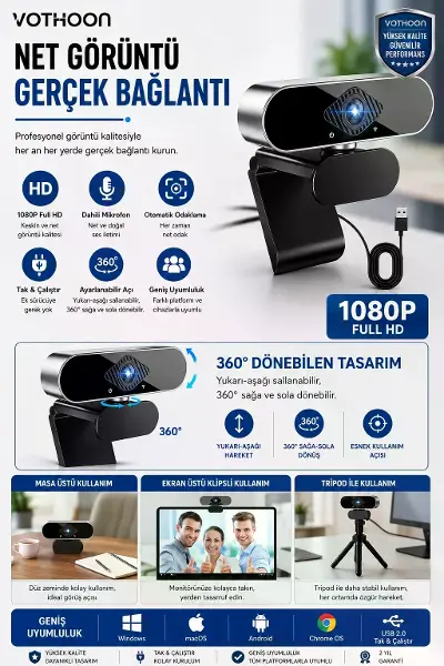 Webcam Orjınal 1080p Hd Konferans Kamera Dahili Mikrofon Görüntülü Sohbet Yayın Kamerası Hd Video Ae-104