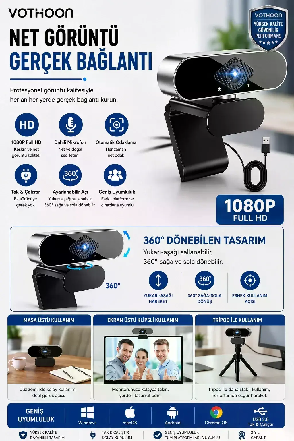 Webcam Orjınal 1080p Hd Konferans Kamera Dahili Mikrofon Görüntülü Sohbet Yayın Kamerası Hd Video Ae-104