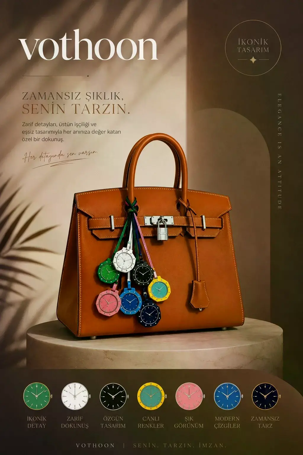 Renkli Lüks Saat Tasarımlı Çanta Süsü Bag Charm Anahtarlık Sarı