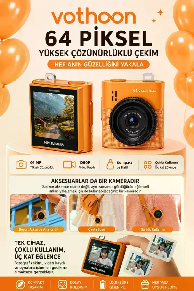 Mini Dijital Kamera 64mp 16x Digital Zoom Retro Vintage 1.4’’ekranlı Video Kamera Taşınabilir Tasarım Turuncu