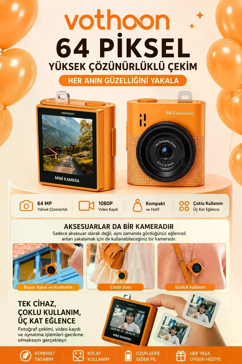 Mini Dijital Kamera 64mp 16x Digital Zoom Retro Vintage 1.4’’ekranlı Video Kamera Taşınabilir Tasarım Turuncu