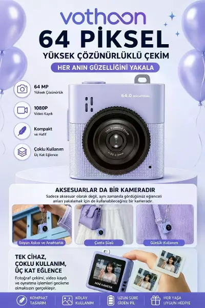 Mini Dijital Kamera 64mp 16x Digital Zoom Retro Vintage 1.4’’ekranlı Video Kamera Taşınabilir Tasarım Mavi