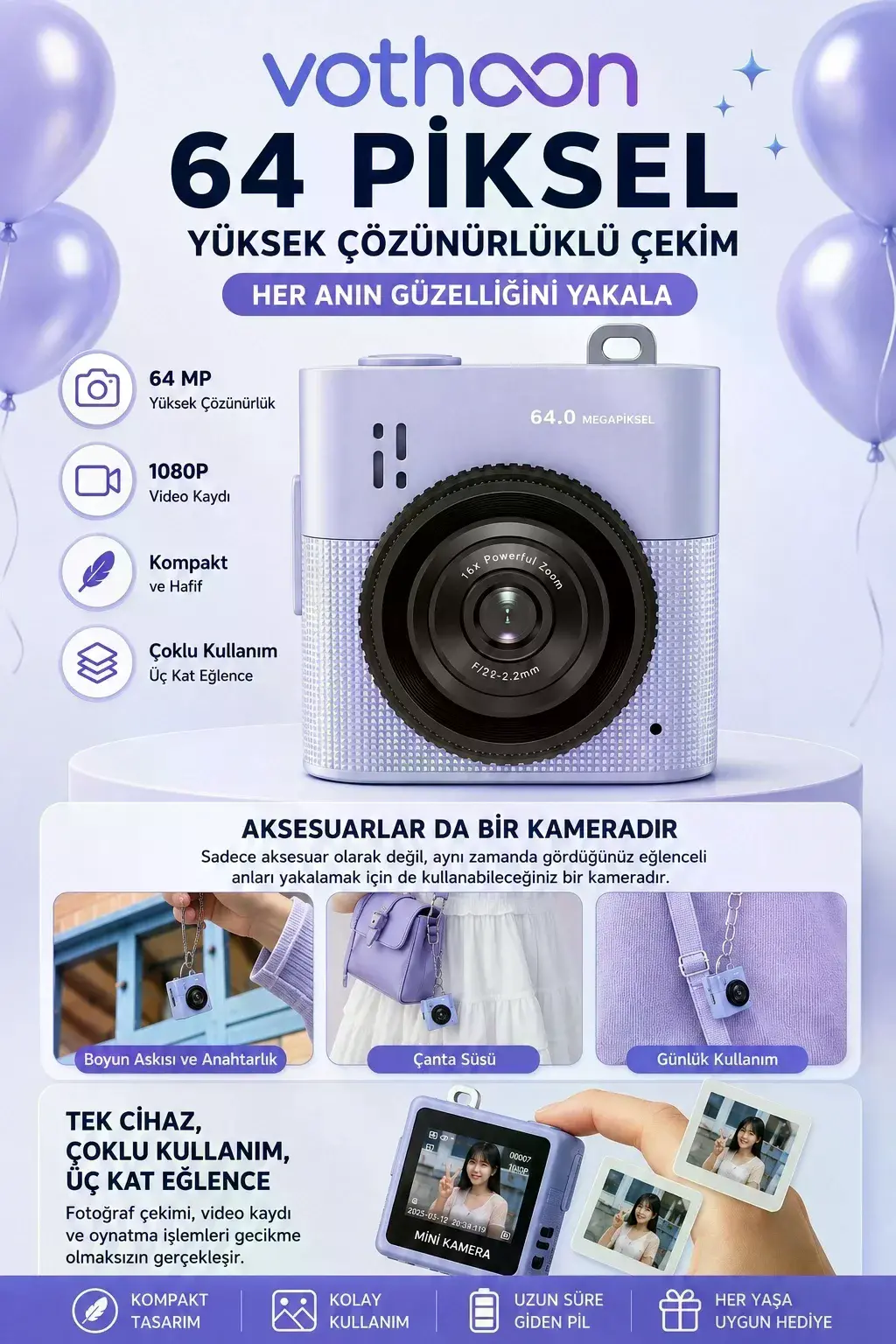 Mini Dijital Kamera 64mp 16x Digital Zoom Retro Vintage 1.4’’ekranlı Video Kamera Taşınabilir Tasarım Mavi