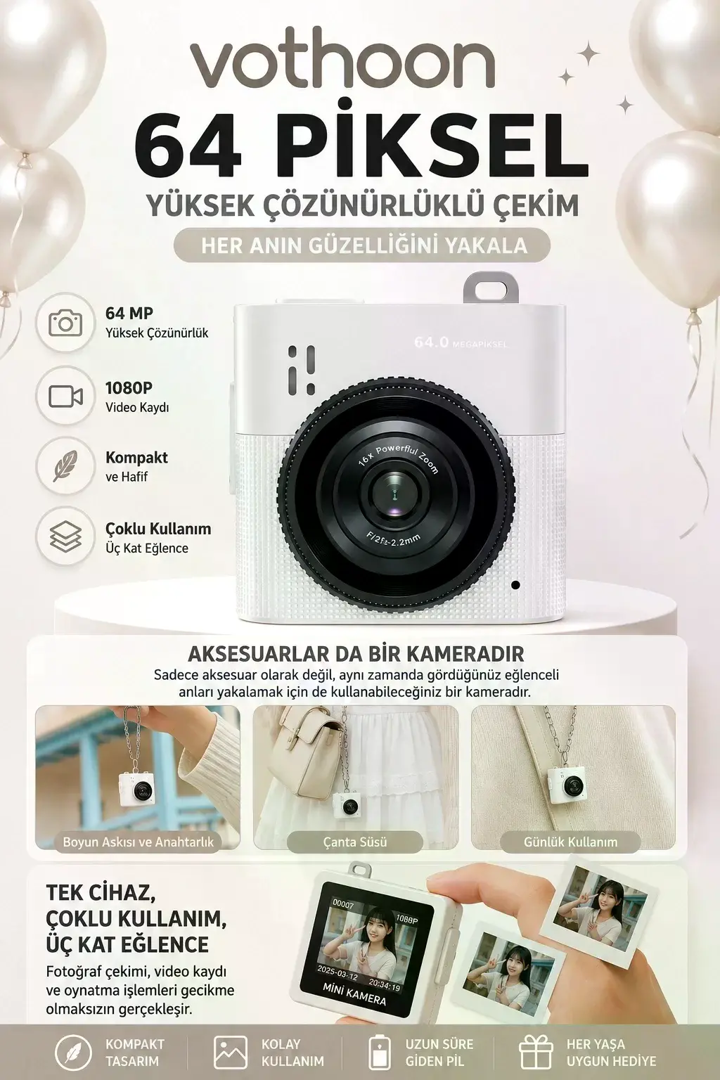 Mini Dijital Kamera 64mp 16x Digital Zoom Retro Vintage 1.4’’ekranlı Video Kamera Taşınabilir Tasarım Beyaz