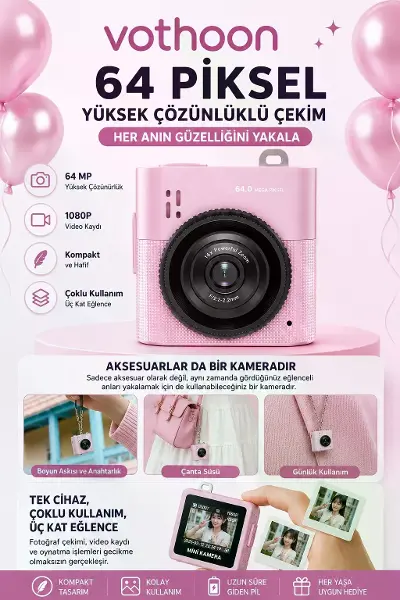 Mini Dijital Kamera 64mp 16x Digital Zoom Retro Vintage 1.4’’ekranlı Video Kamera Taşınabilir Tasarım Pembe