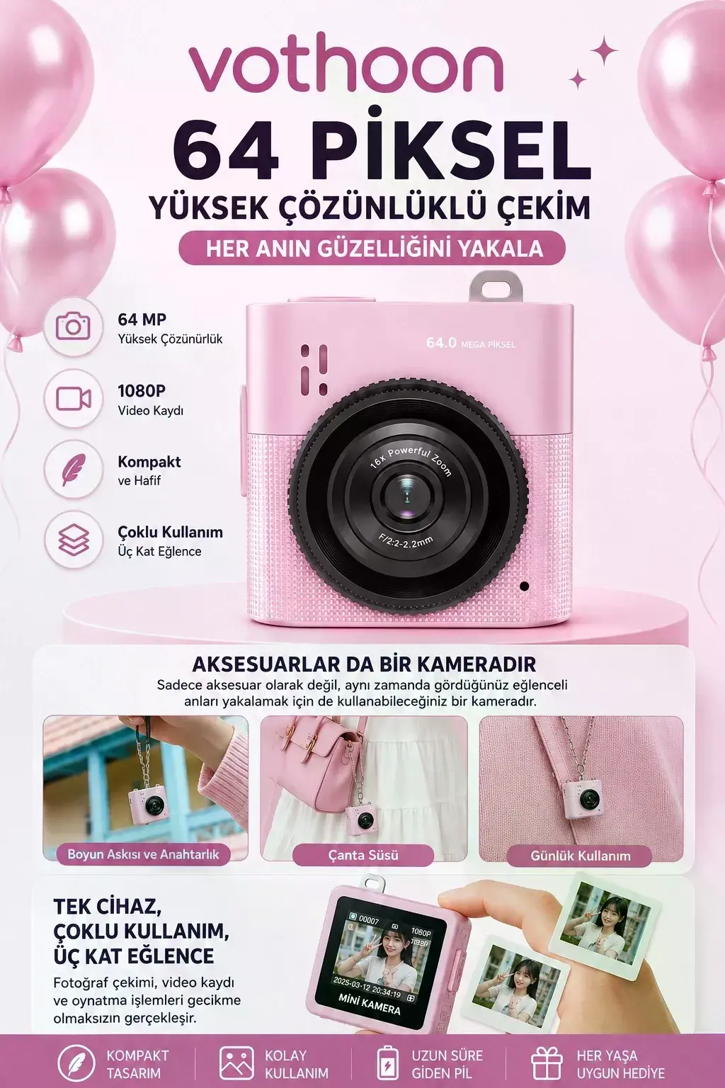 Mini Dijital Kamera 64mp 16x Digital Zoom Retro Vintage 1.4’’ekranlı Video Kamera Taşınabilir Tasarım Pembe