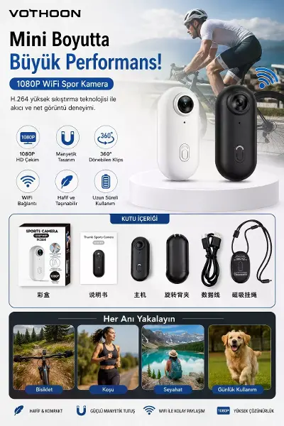 Mini Wıfı Aksiyon Kamerası 1080p Taşınabilir Vücut Kamerası Giyilebilir Video Kaydedici Siyah