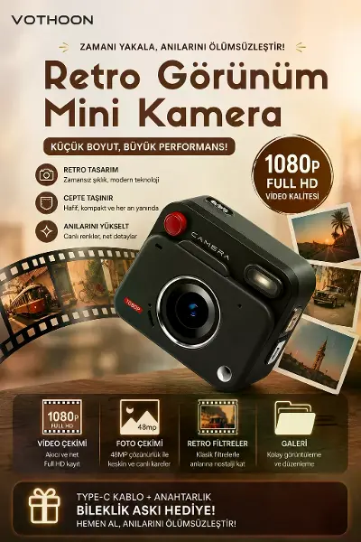 Nostaljik Tasarımı Retro Görünüm Kare Mini Foto Video Kamera 1080p Full Hd 32gb Kart Hediyeli
