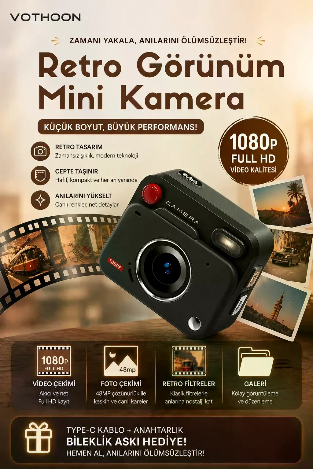 Nostaljik Tasarımı Retro Görünüm Kare Mini Foto Video Kamera 1080p Full Hd 32gb Kart Hediyeli