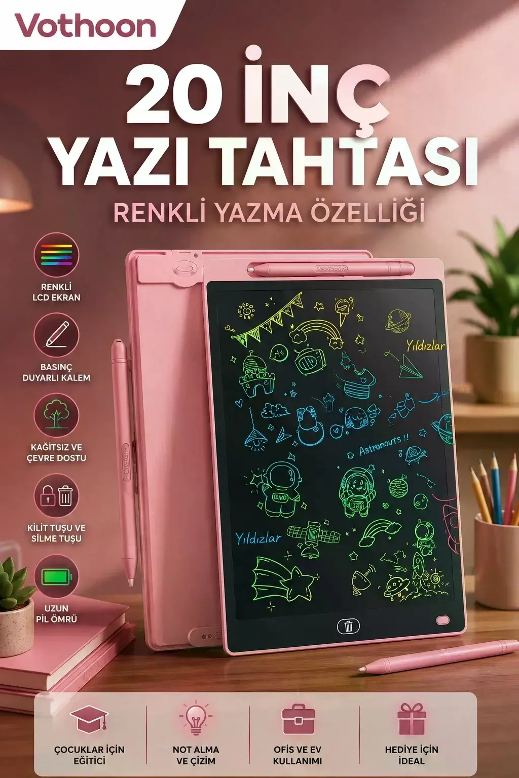 20 Inc Renkli Lcd Grafik Dijital Kalemli Çizim Tableti Yazı Tahta Not Yazma Eğitim Tableti Pembe