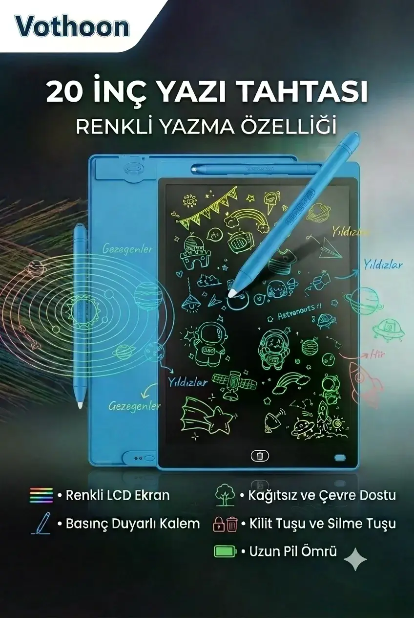 20 Inc Renkli Lcd Grafik Dijital Kalemli Çizim Tableti Yazı Tahta Not Yazma Eğitim Tableti Mavi