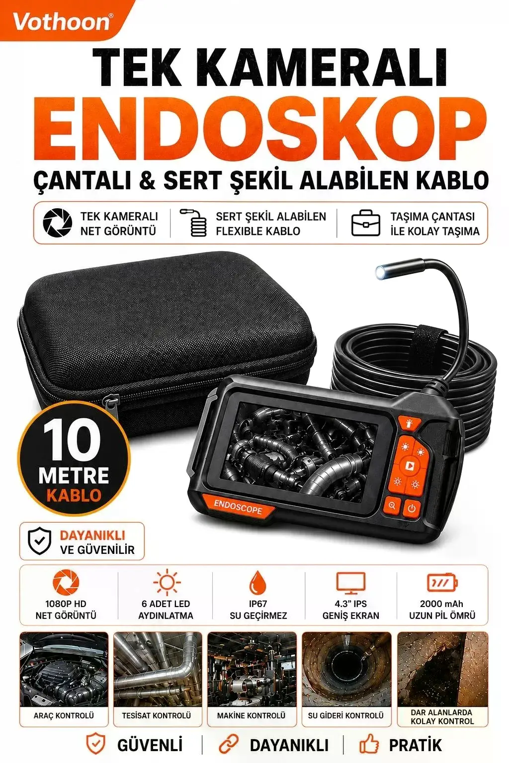 Ekranlı Tek Kameralı 10 Mt Sert Kablo Yılan Endoskop Kamera 8 Mm 4.3 Inc