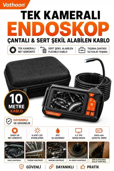 Ekranlı Tek Kameralı 10 Mt Sert Kablo Yılan Endoskop Kamera 8 Mm 4.3 Inc