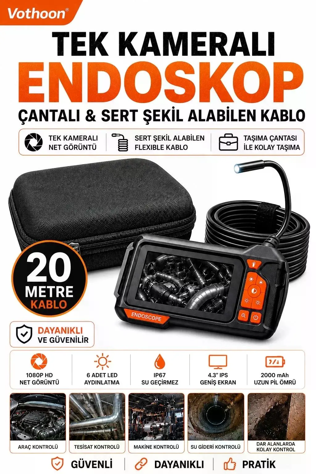 Ekranlı Tek Kameralı 20 Mt Sert Kablo Yılan Endoskop Kamera 8 Mm 4.3 Inc