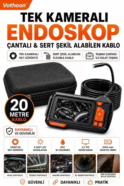Ekranlı Tek Kameralı 20 Mt Sert Kablo Yılan Endoskop Kamera 8 Mm 4.3 Inc