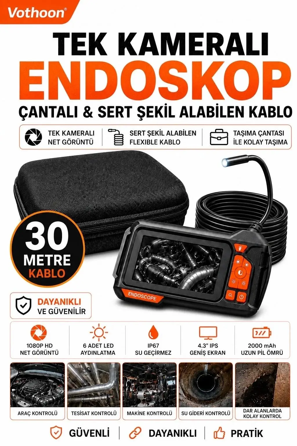 Ekranlı Tek kameralı 30 Mt Sert Kablo Yılan Endoskop Kamera 8 mm 4.3 ınc