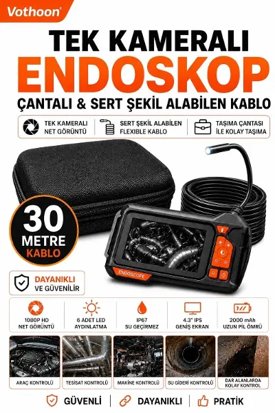 Ekranlı Tek Kameralı 30 Mt Sert Kablo Yılan Endoskop Kamera 8 Mm 4.3 Inc