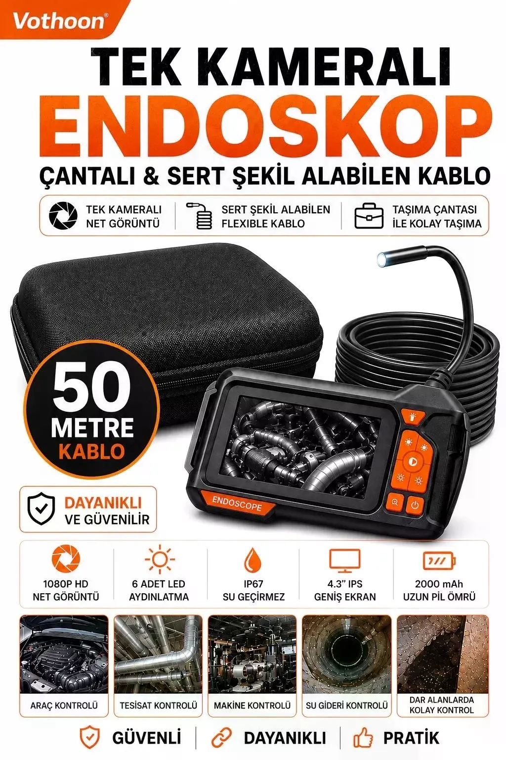 Ekranlı Tek Kameralı 50 Mt Sert Kablo Yılan Endoskop Kamera 8 Mm 4.3 Inc