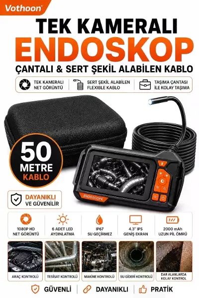 Ekranlı Tek Kameralı 50 Mt Sert Kablo Yılan Endoskop Kamera 8 Mm 4.3 Inc