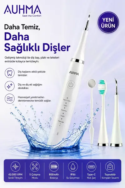 Ultrasonic &nbsp;şarjlı Elektrikli Akıllı Diş&nbsp;temizleme Cihazı Beyazlatıcı 5 Mod 3+1 Başlık, Ipx8 Su Geçirmez Beyaz