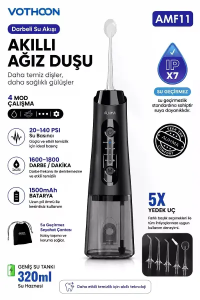 Şarjlı Ağız Duşu Diş Bakım Cihazı 4 Modlu Diş Arası Temizleyici 320ml 5 Başlıklı 1500 Mah Kablosuz