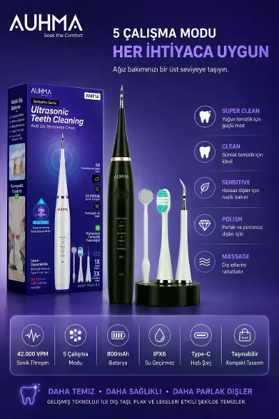 Ultrasonic Şarjlı Elektrikli Akıllı Diş Temizleme Cihazı Beyazlatıcı 5 Mod 3+1 Başlık, Ipx8 Su Geçirmez Siyah