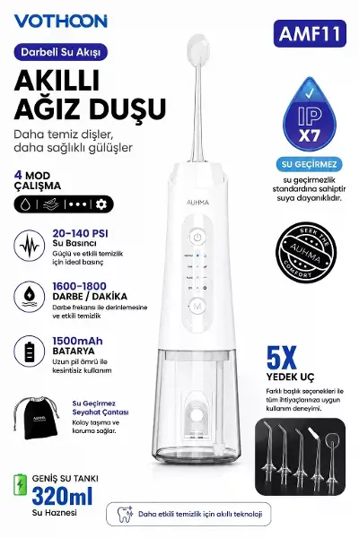 Şarjlı Ağız Duşu Diş Bakım Cihazı 4 Modlu Diş Arası Temizleyici 320ml 5 Başlıklı 1500 Mah Kablosuz