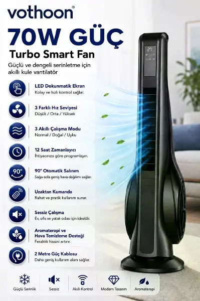 Turbo Smart Akıllı Fan Led Ekranlı Kumandalı 90° Hareketli Serinletici Soğutucu Kule Tipi Vantilatör