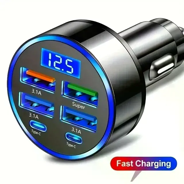 6 Portlu Hızlı Araç Şarj Cihazı – 4 Usb + 2 Type-c Çıkışlı Dijital Göstergeli Oto Şarjı