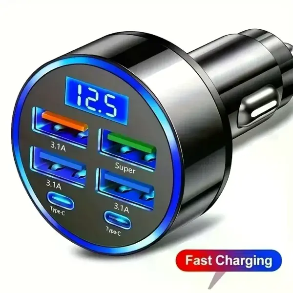 6 Portlu Hızlı Araç Şarj Cihazı – 4 Usb + 2 Type-c Çıkışlı Dijital Göstergeli Oto Şarjı
