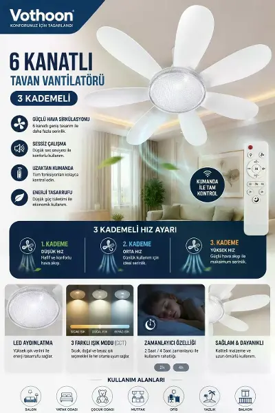 6 Kanatlı 3 Kademeli Led Aydınlatmalı Uzaktan Kumandalı Tavan Vantilatörü