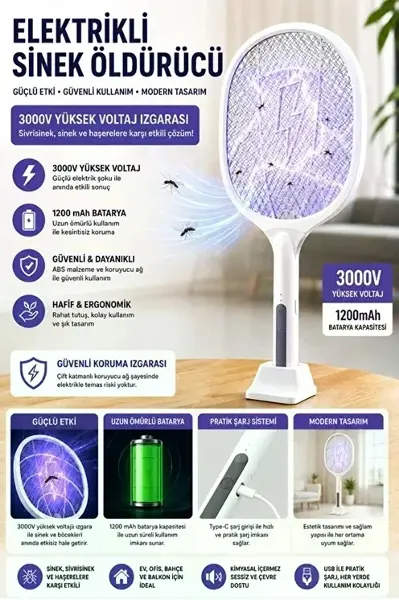 Şarjlı Sinek Öldürücü Sivrisinek Raketi Elektrikli Karasinek Haşere Kovucu Mor Işıklı Sineklik Aleti