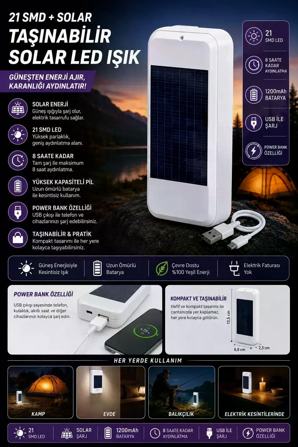 Taşınabilir Solar Led Power Bank