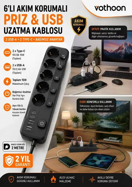 Akım Korumalı 5’li Priz 2xUSB 2xType-C Çıkış Akım Koruma Çoklu Priz Çoğaltıcı Anahtarlı FTR-31 Siyah