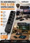 Akım Korumalı 5’li Priz 2xUSB 2xType-C Çıkış Akım Koruma Çoklu Priz Çoğaltıcı Anahtarlı FTR-31 Siyah-1